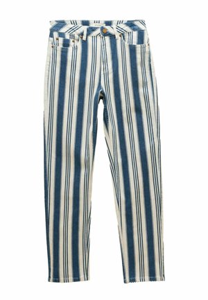 High-waist straight-leg jeans with vertical blue and white stripes, front pockets, belt loops, and button closure.