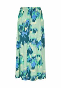 Gonna a stampa floreale in verde chiaro con motivi blu e verde scuro. Presenta una vita elasticizzata e un design fluido che arriva al ginocchio.