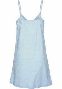 Lichtblauwe gestreepte zomerkleed met dunne verstelbare schouderbanden, een relaxte fit en een uitlopende zoom. Gemaakt van zacht materiaal met fijne verticale lijnen.