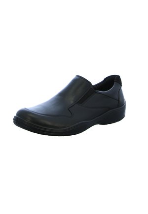 Schwarzer Leder-Schlüpfschuh mit elastischen seitlichen Einsätzen, abgerundetem Zeh, strukturiertem Sohlenprofil für guten Halt und gepolstertem Fußbett für Komfort.