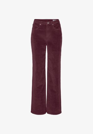 Spodnie sztruksowe o szerokich nogawkach w głębokim bordowym kolorze. Posiadają przednie kieszenie i szlufki na pasek, wykończenie z fakturowanej tkaniny.