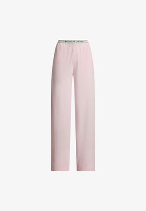 Vaatekalu pinkit lounge-housut laajalla lahkeella, pehmeästä kankaasta valmistettu, varustettu merkkihihnalla, jossa lukee "POLO RALPH LAUREN", sekä nappisuljennalla.