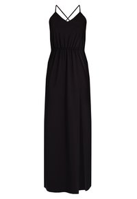 Schwarzes Maxikleid mit dünnen Trägern, V-Ausschnitt, elastischem Bund und seitlichem Schlitz. Hergestellt aus einem glatten Stoff mit einem fließenden Design.