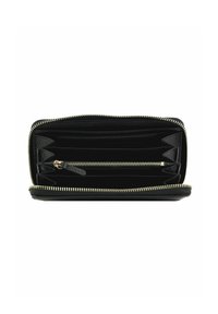 Portafoglio in pelle nera con zip dorata. Caratterizzato da più slot per carte e un compartimento con zip, che mette in mostra un interno testurizzato.