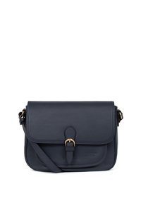 Navy leather shoulder bag with a flap, featuring a buckle closure, adjustable strap, and smooth texture. Compact rectangular shape.