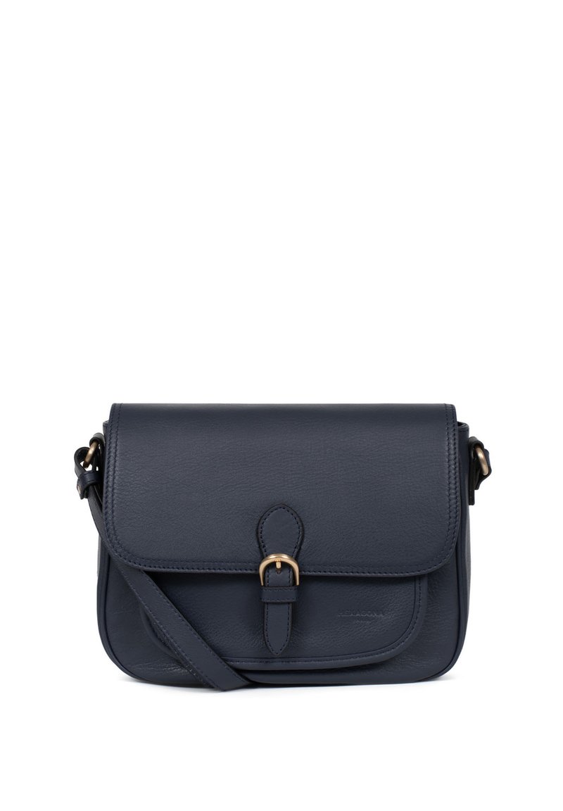 Navy leather shoulder bag with a flap, featuring a buckle closure, adjustable strap, and smooth texture. Compact rectangular shape.