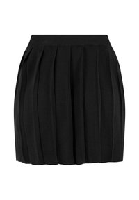 Černá skládací sukně z měkké látky, se širokým elastickým pasem a hladkou texturou. Délka končí nad kolenem.