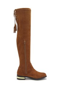 Braune Wildleder-Stiefel über das Knie mit einem seitlichen Reißverschluss, Schnürdetails an der Oberseite und einem flachen Absatz mit goldfarbener Akzentuierung.
