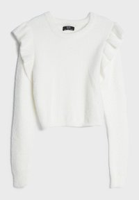 White cropped sweater made of soft, fluffy fabric. Features long sleeves with ruffled accents on the shoulders and a round neckline.