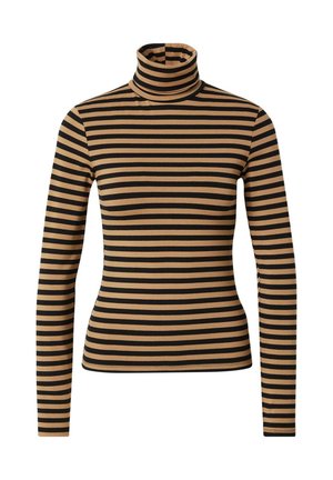 Striped turtleneck top featuring horizontal black and tan stripes, long sleeves, and smooth texture. Fitted design with a high neck.