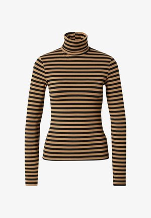 Striped turtleneck top featuring horizontal black and tan stripes, long sleeves, and smooth texture. Fitted design with a high neck.