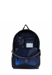 Rugzak met een blauw sterrenstelselpatroon. Beschikt over een groot hoofdvak, binnenzakken en een ritsafsluiting. Gemaakt van duurzaam stof.