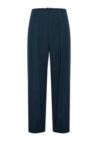 Marineblaue Hose mit taillierter Passform, hoher Taille, zwei Frontfalten und standardmäßigen Gürtelschlaufen. Glatte Stoffstruktur.