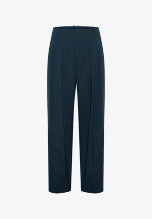 Marineblaue Hose mit taillierter Passform, hoher Taille, zwei Frontfalten und standardmäßigen Gürtelschlaufen. Glatte Stoffstruktur.