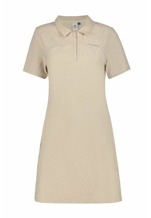 Beige Polokleid mit kurzen Ärmeln, strukturiertem Wellenmuster und einem halben Reißverschluss am Kragen. Hergestellt aus leichtem Stoff.