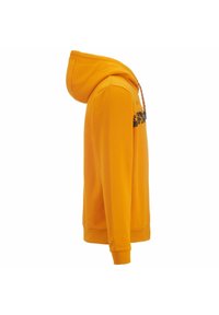 Sudadera con capucha de color naranja brillante, con una textura suave, puños acanalados y un estampado gráfico en la parte frontal.