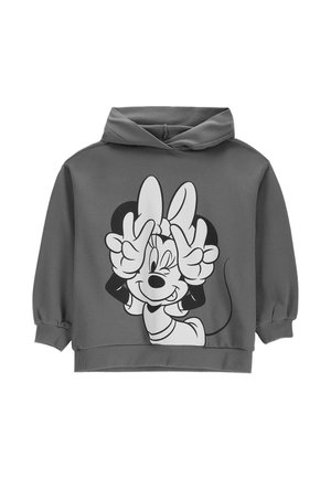 Szara bluza z kapturem z nadrukiem na przodzie przedstawiającym mrugającą kreskówkową mysz z pozą pokoju obiema rękami.