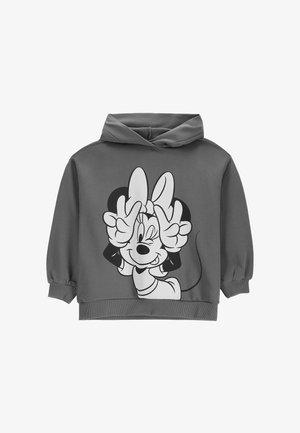 Szara bluza z kapturem z nadrukiem na przodzie przedstawiającym mrugającą kreskówkową mysz z pozą pokoju obiema rękami.