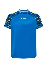 Blå sportströja i lätt material, med korta ärmar, rund nacke och en livfull mönstrad design på axlarna.