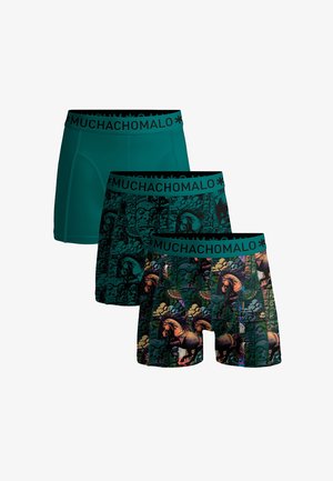 Drei Paare Herren-Boxershorts mit zwei Designs in dunklen Mustern und einem einfarbigen türkisfarbenen Paar. Alle haben schwarze, mit Logo versehene Taillenbünde.