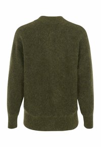 Olivgrüner Pullover aus weichem, strukturiertem Material. Mit Rundhalsausschnitt, langen Ärmeln und einer lockeren Passform, sowie geripptem Saum und Bündchen.