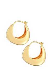 Orecchini a cerchio in oro con finitura lucida, caratterizzati da un design curvo e asimmetrico e una chiusura a cerniera per un facile utilizzo.