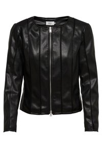 Veste en simili cuir noir au design court, avec col rond et fermeture éclair à l'avant. Présente des coutures verticales et des manches longues ajustées.