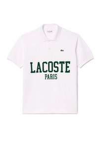 White short-sleeve polo shirt with buttons, green "LACOSTE PARIS" text on front, and small green crocodile logo on the left chest.