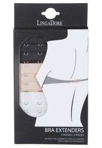 Estensori per reggiseni in tre colori: nero, beige, bianco, ognuno con tre ganci. Tessuto testurizzato con ganci in metallo per un facile attacco.