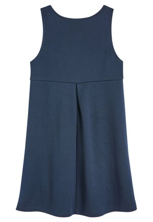 Ärmelloses dunkelblaues Kleid mit runder Ausschnitt, figurbetontem Oberteil und schwingendem Rock, aus glattem, weichem Stoff gefertigt. Verfügt über eine Mittelnaht.