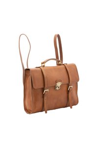 Borsa a messenger in pelle marrone con patta, hardware dorato, doppie cinghie e finitura lucida. Presenta un dettaglio centrale con chiusura e una forma strutturata.