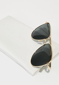 Guldinramade pilotglasögon med mörka linser placerade på ett strukturerat vitt glasögonfodral med präglad "Le Specs"-logotyp.