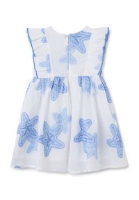 Weißes Kleid mit blauem Seestern-Muster, Rüschensäumen und einer Knopfverschluss hinten. Hergestellt aus einem leichten Stoff mit glatter Textur.
