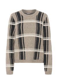 Grauer Pullover mit schwarzen und cremefarbenen vertikalen und horizontalen Streifen. Rundhalsausschnitt, weicher Stoff und lockere Passform.