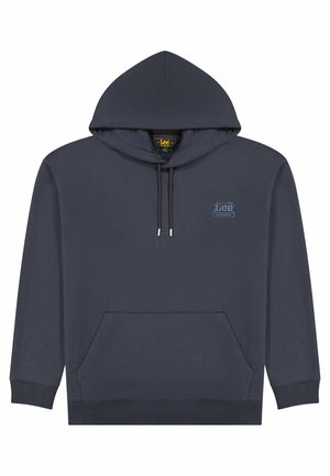 Puuvillasekoitteesta valmistettu laivastonsininen huppari, jossa on etutasku, kiristysnarulla varustettu huppu ja pieni sininen logo rinnassa. Resorit hihansuissa ja helmassa.