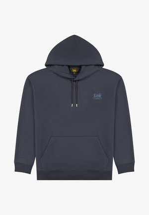Granatowa bluza z kapturem wykonana z bawełnianej mieszanki, z przednią kieszenią, regulowanym kapturem na sznurek oraz małym niebieskim logo na piersi. Ściągacze na mankietach i dole bluzy.