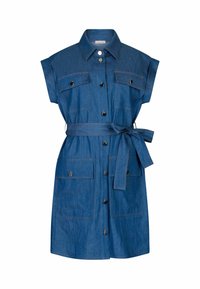 Tumed sinine denimsärgidress, lühikeste varrukatega, nööbitev ette, kahe rinnataskuga ja sobiva kangast vöödiga.