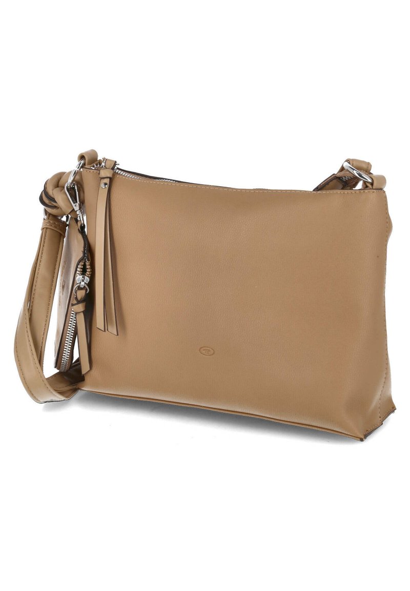 Borsa a tracolla in pelle color cuoio con una texture liscia, chiusura con zip e tracolla. Presenta un piccolo dettaglio con nappina e accenti in metallo argentato.