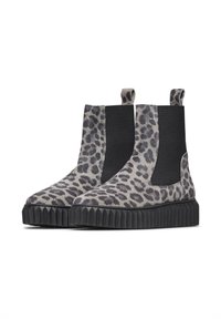 Leopard print ankle boots with elastic side panels, black rubber sole, textured fabric upper, and tab for easy wear.