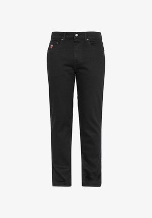 Black denim pants featuring a straight-leg cut, front pockets, and a small embroidered logo on the left side. Classic button and zip fly closure.