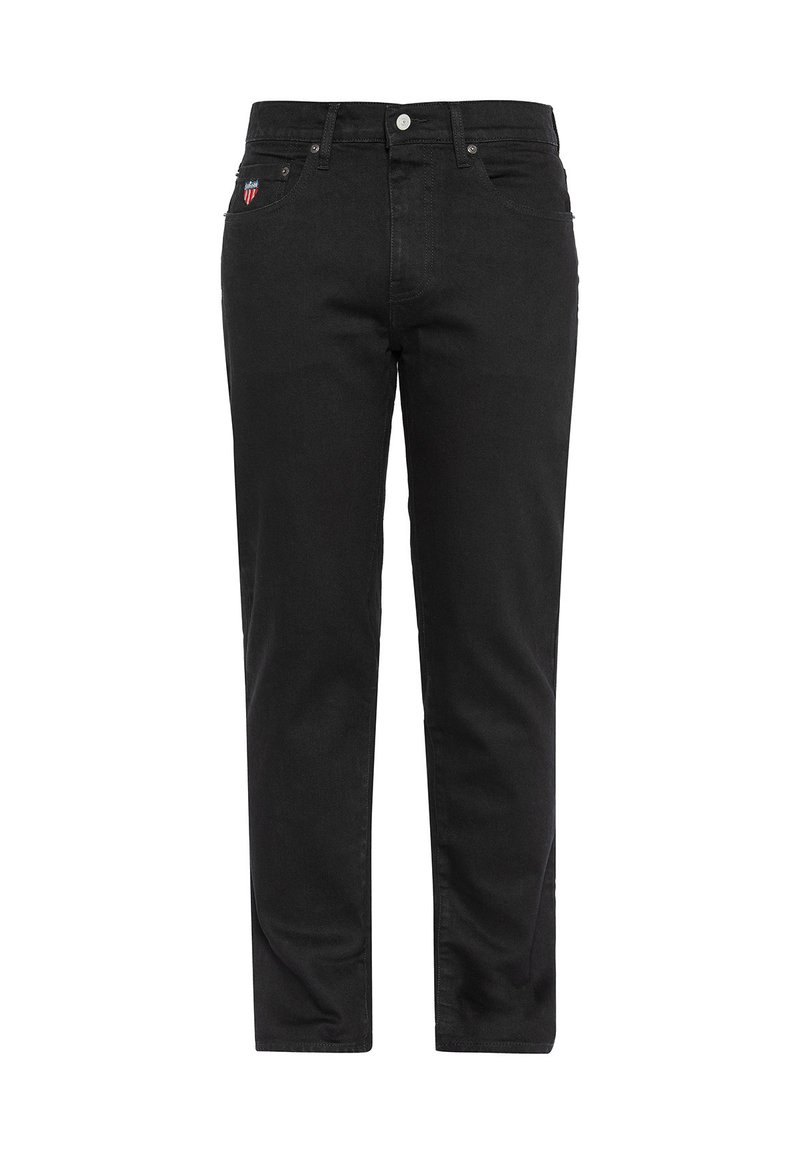 Pantaloni in denim nero con una vestibilità dritta, tasche frontali e un piccolo logo ricamato sul lato sinistro. Chiusura classica con bottoni e zip.