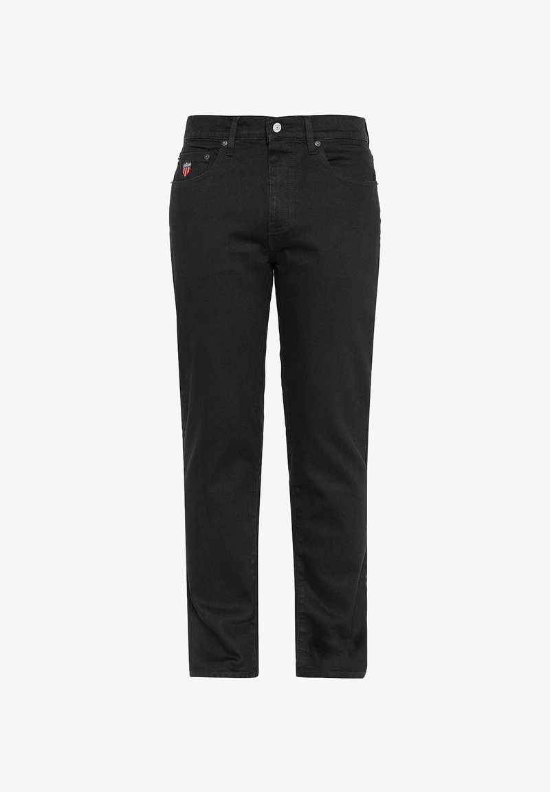 Pantaloni in denim nero con una vestibilità dritta, tasche frontali e un piccolo logo ricamato sul lato sinistro. Chiusura classica con bottoni e zip.
