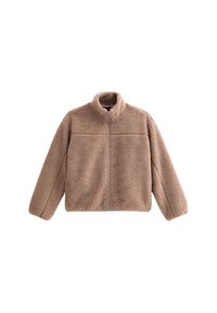 Ruskea fleece-takki, jossa on korkea kaulus, edessä vetoketju ja joustavat hihansuut; takissa on teksturoitu, pehmeä pinta ja rento istuvuus.