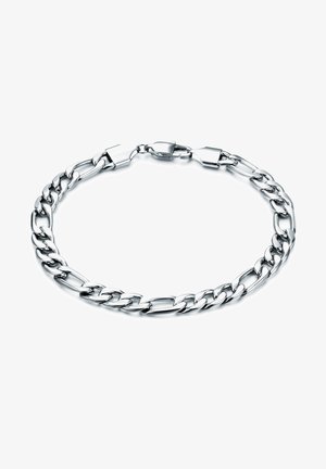 Hõbedane metallist käevõru, millel on suured omavahel ühendatud kurvikud lingid, sile tekstuur ja tugev homaarikinnitus.