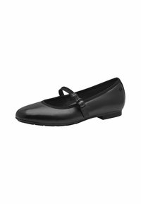 Schwarze Leder-Ballettschuhe mit einer abgerundeten Spitze, einem Riemen über dem Rist, niedrigem Absatz und glatter Textur. Schlichtes Design mit minimalen Akzenten.