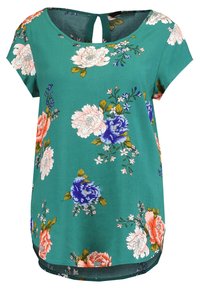 Květinový top v teplé barvě z lněné tkaniny se krátkými rukávy, zdobený jasnými růžovými, modrými a bílými květinami. Kulatý výstřih s klíčovou dírkou vzadu.