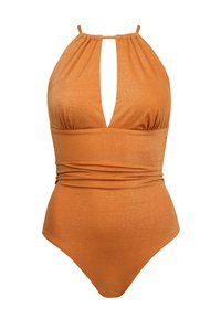 Jednoczęściowy strój kąpielowy w kolorze pomarańczowym z dekoltem halter, głębokim dekoltem w kształcie V oraz zmarszczonym wykończeniem w talii. Gładki, błyszczący materiał o dopasowanym kroju.