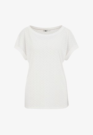 Biała bluzka z krótkim rękawem, z fakturowanym wzorem w jodełkę, okrągłym dekoltem i luźnym krojem. Wykonana z lekkiego materiału.