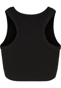 Fekete bordázott fazonú crop top, kerek nyakkivágással és széles karöltőkkel. Puha tapintású, testhez simuló kialakítása révén rétegezésre is alkalmas.