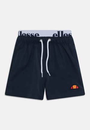 Shorts de bain navy en tissu léger, dotés d'un cordon blanc, d'une ceinture élastique contrastante avec une marque, et d'un logo brodé.